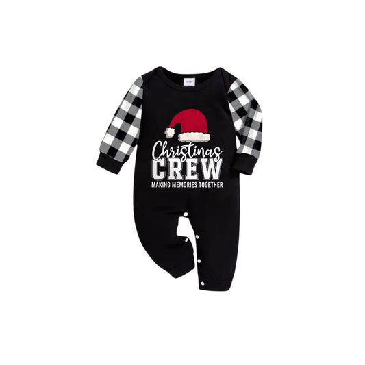 WW | Black and White Checked Short Sleeve Christmas Family Pajama Set with Santa Hat and Text Print