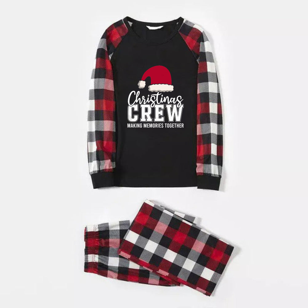 WW | Christmas Family Pajama Sets - Red and Grey Plaid PJs with Santa Hat and "Christmas Crew Making Memories Together" Print