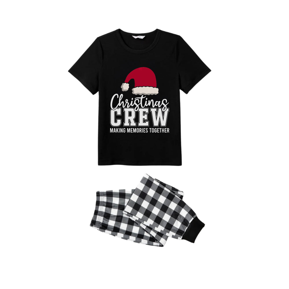 WW | Black and White Checked Short Sleeve Christmas Family Pajama Set with Santa Hat and Text Print