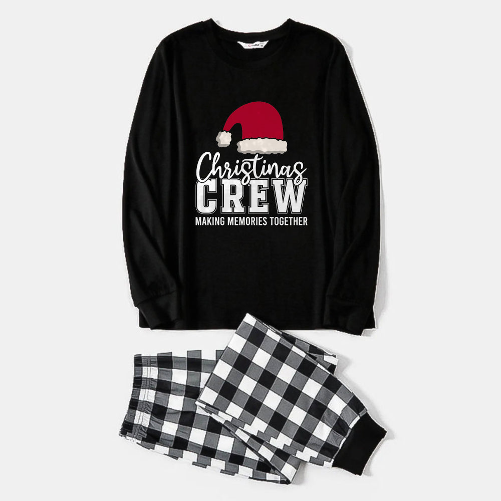WW | Black and White Checked Christmas Pajama Set with Santa Hat and "Christmas Crew Making Memories Together" Print
