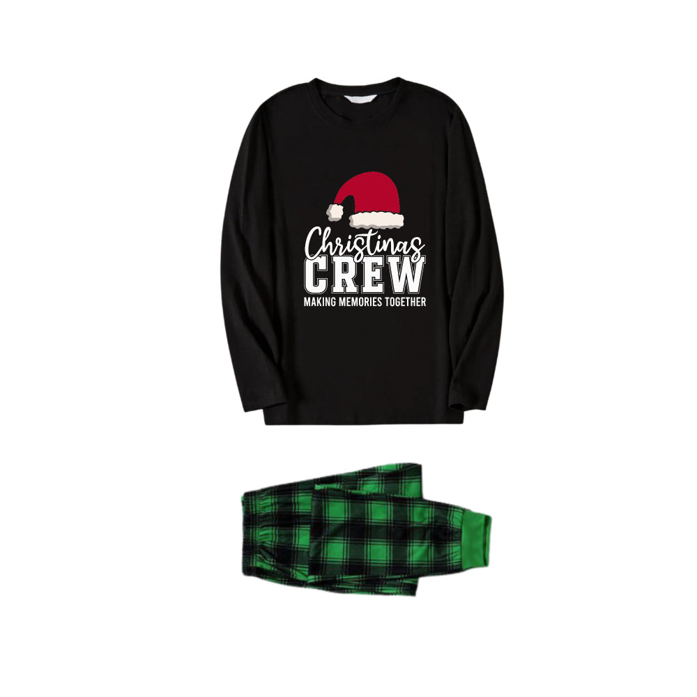 WW | Christmas Family Matching Pajamas - Black Top and Green Plaid Pants PJs Set with "Christmas Crew Making Memories Together" and Santa Hat Pattern Print