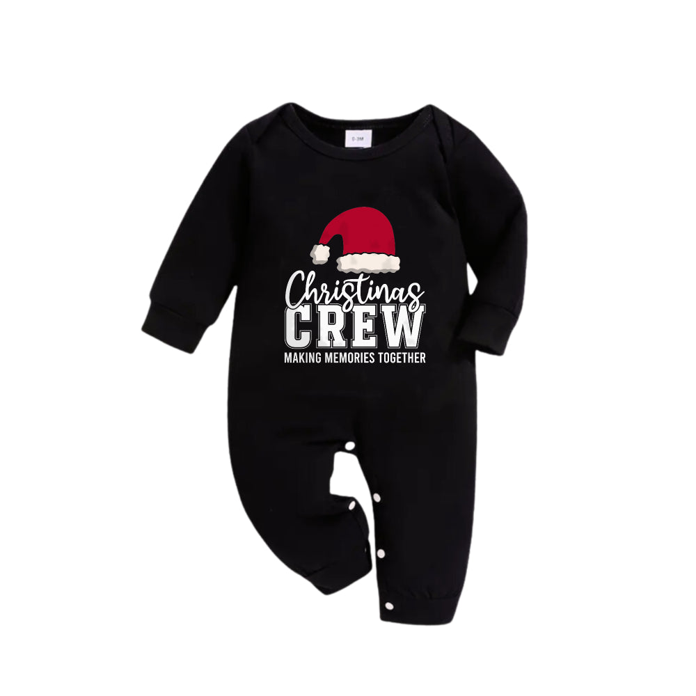 WW | Christmas Family Matching Pajamas - Black Top and Green Plaid Pants PJs Set with "Christmas Crew Making Memories Together" and Santa Hat Pattern Print