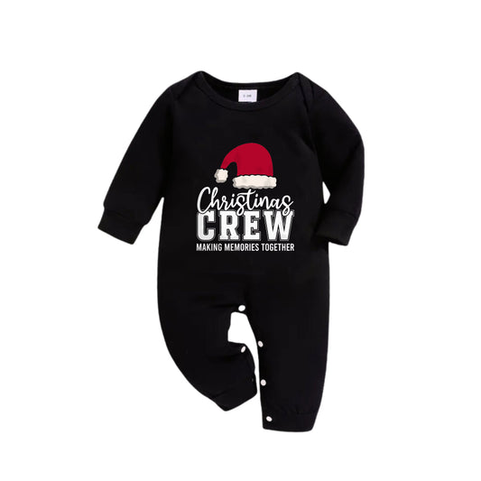WW | Christmas Family Matching Pajamas - Black Top and Green Plaid Pants PJs Set with "Christmas Crew Making Memories Together" and Santa Hat Pattern Print