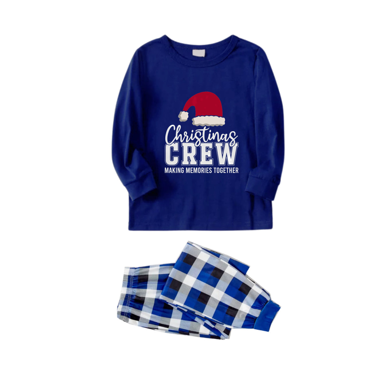 WW | Christmas Family Matching Pajamas-Navy & White Plaid PJs Set with "Christmas Crew Making Memories Together" and Santa Hat Pattern Print