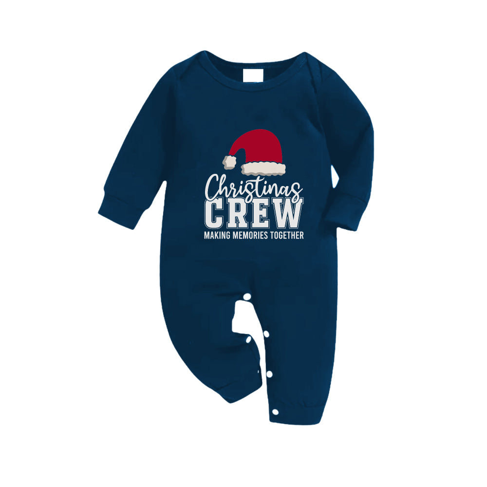WW | Christmas Family Pyjama Set in Navy and Sky Blue Review with "Christmas Crew Making Memories Together" and Santa Hat Pattern Print