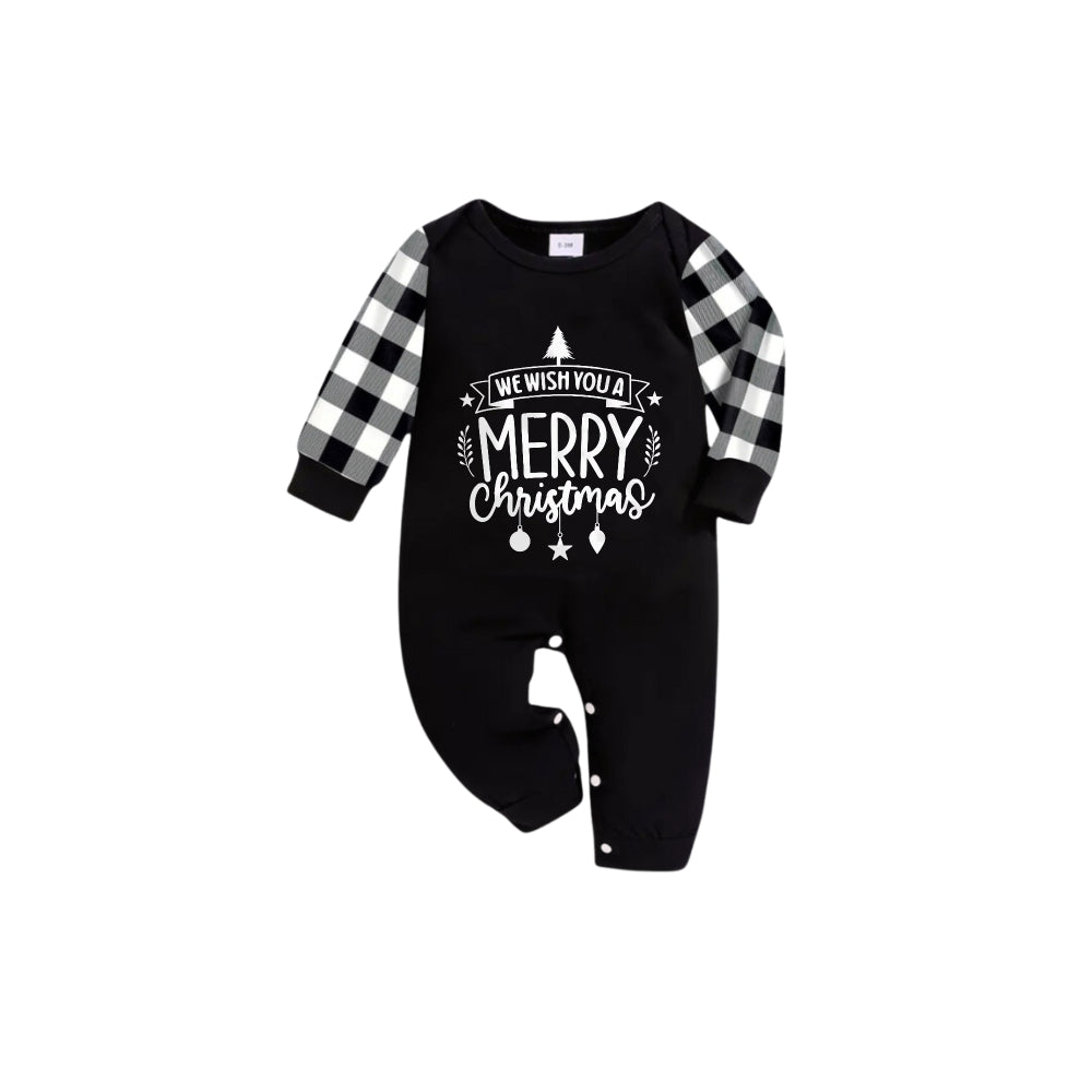 WW | Black and White Plaid Short Sleeve Christmas Family Pajama Set with Christmas Text Print