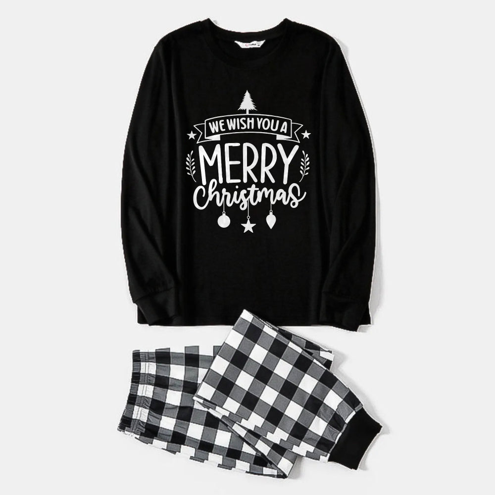 WW | Black-and-white checkered Christmas pajama set with "We Wish You A Merry Christmas" black-and-white text print