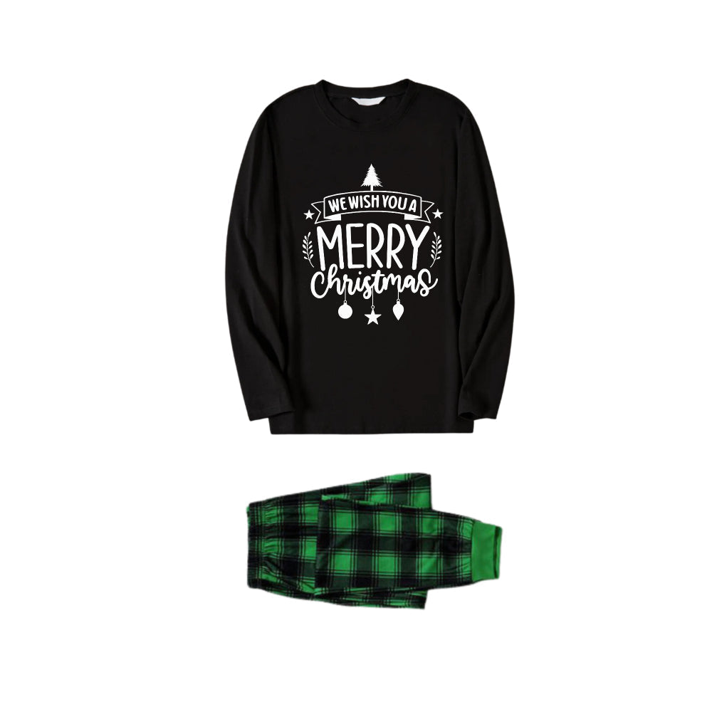 WW | Christmas Family Matching Pajamas - Black Top and Green Plaid Pants Pjs Set with "We Wish You A Merry Christmas" Black&White Print
