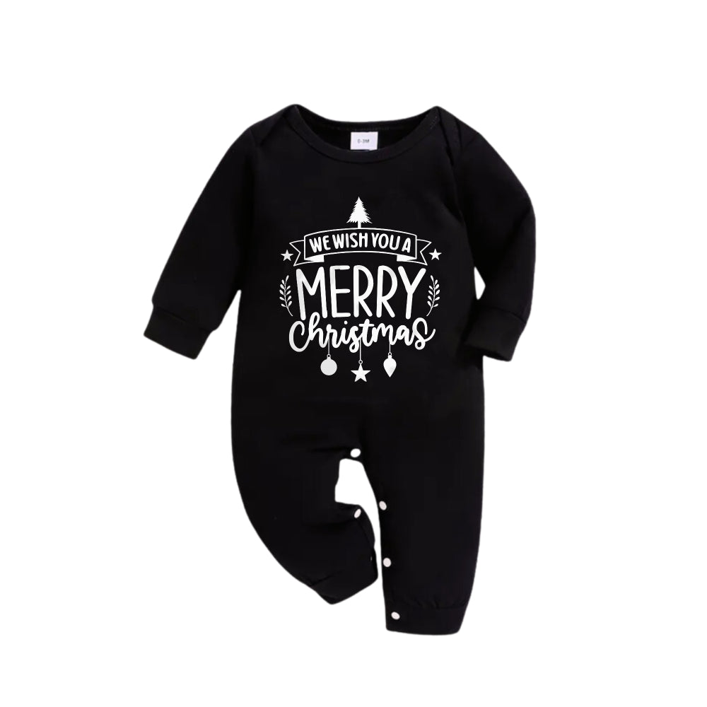 WW | Christmas Family Matching Pajamas - Black Top and Green Plaid Pants Pjs Set with "We Wish You A Merry Christmas" Black&White Print