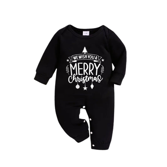 WW | Christmas Family Matching Pajamas - Black Top and Green Plaid Pants Pjs Set with "We Wish You A Merry Christmas" Black&White Print