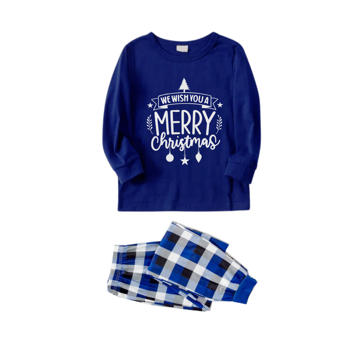 WW | Christmas Family Matching Pajamas - Navy & White Plaid PJs Set with "We Wish You a Merry Christmas" Print