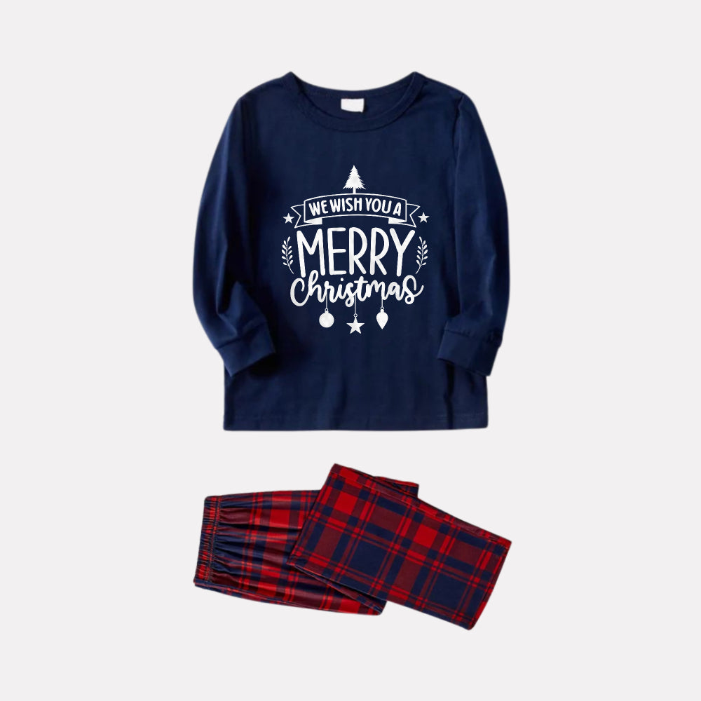 WW | Christmas Family Pyjama Matching - Navy & Red Checkered PJs Set with "We Wish You A Merry Christmas" Slogan Print