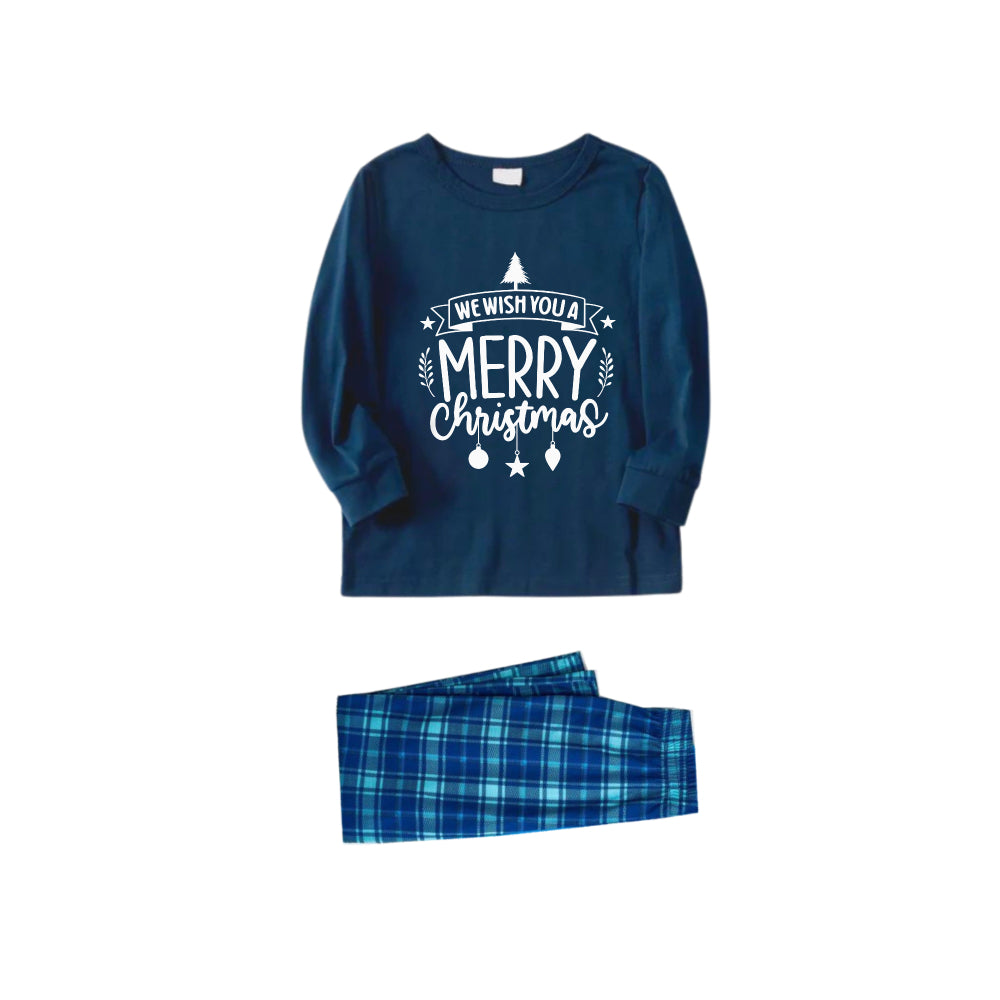 WW | Christmas Family Pajama Set - Navy & Sky Blue Plaid PJs with "We Wish You A Merry Christmas" Slogan Print