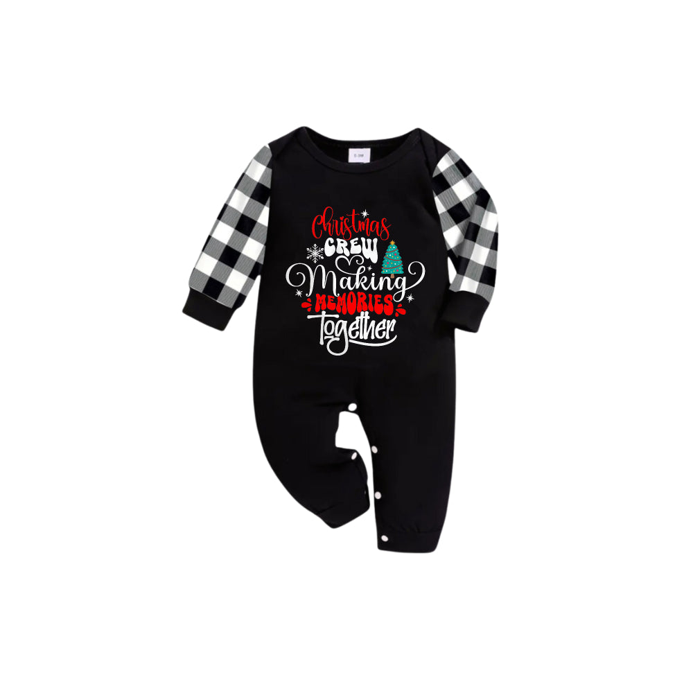 WW | Schwarz-Weiß kariertes kurzärmliges Weihnachts-Pajama-Set mit süßem Textdruck