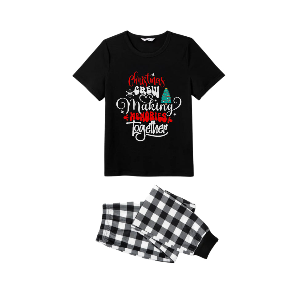 WW | Schwarz-Weiß kariertes kurzärmliges Weihnachts-Pajama-Set mit süßem Textdruck