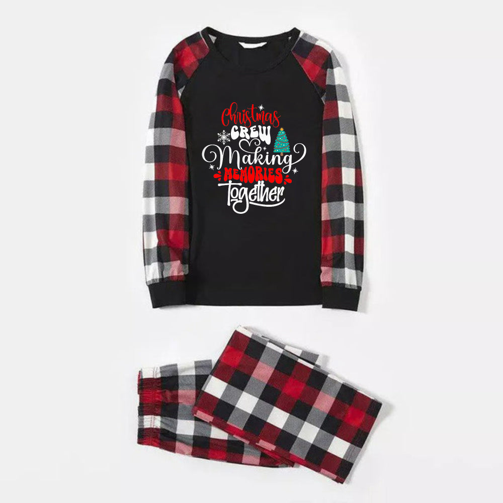 WW | Christmas Family Matching Pajamas - Red and Grey Plaid Pjs Set with "Christmas Crew Making Memories Together" Artistic Lettering Print
