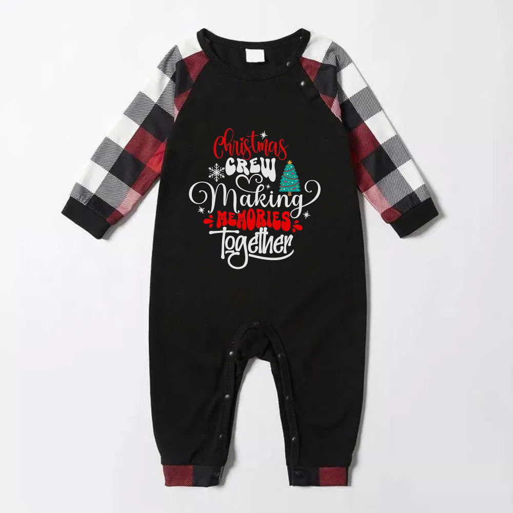 WW | Christmas Family Matching Pajamas - Red and Grey Plaid Pjs Set with "Christmas Crew Making Memories Together" Artistic Lettering Print
