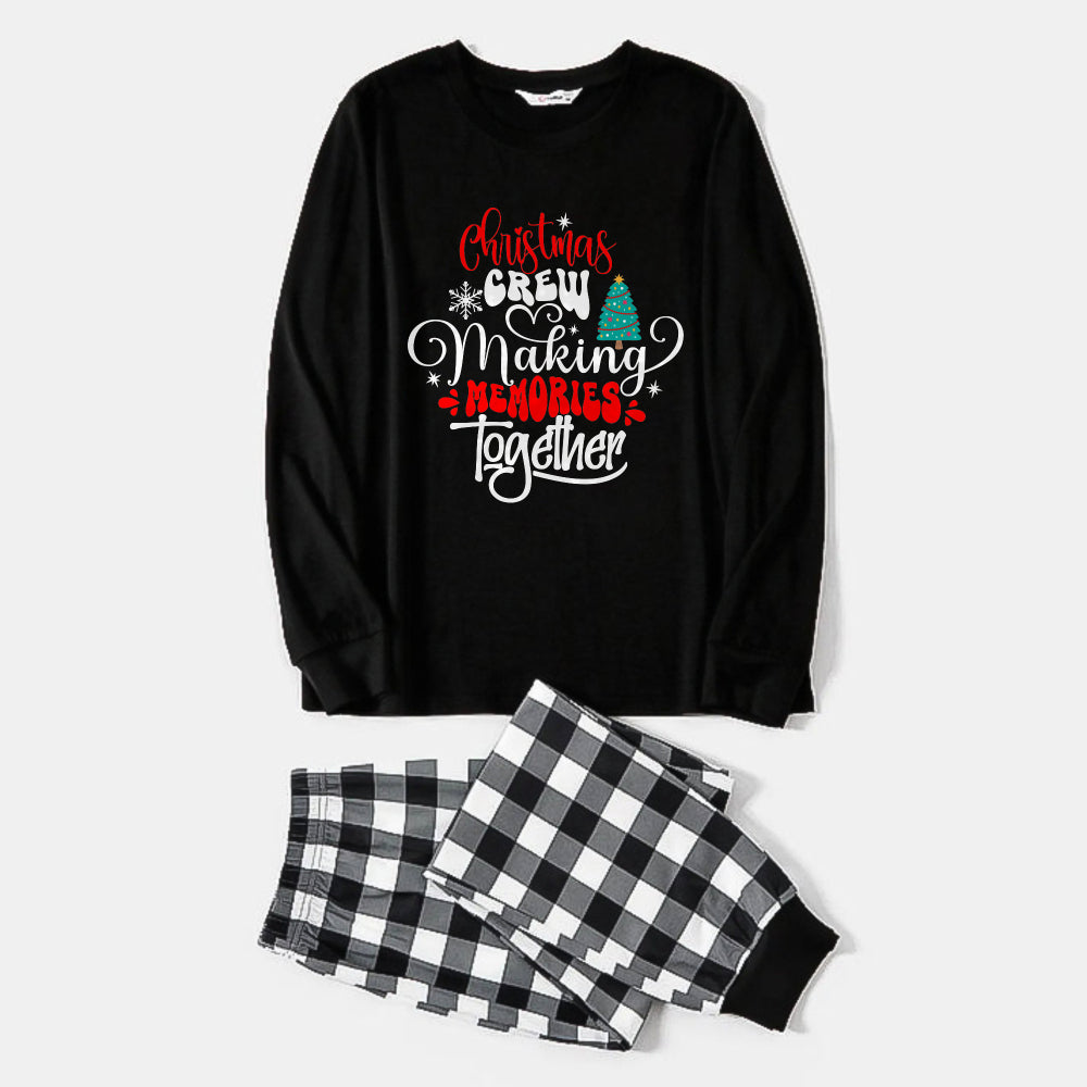 WW | Black and white checkered Christmas pajama set with colorful text print "Christmas crew making memories together"