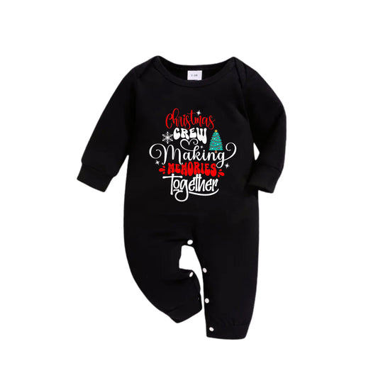 WW | Christmas Family Matching Pajamas - Black Top and Green Plaid Pants Pjs Set with "Christmas Crew Making Memories Together" Artistic Lettering