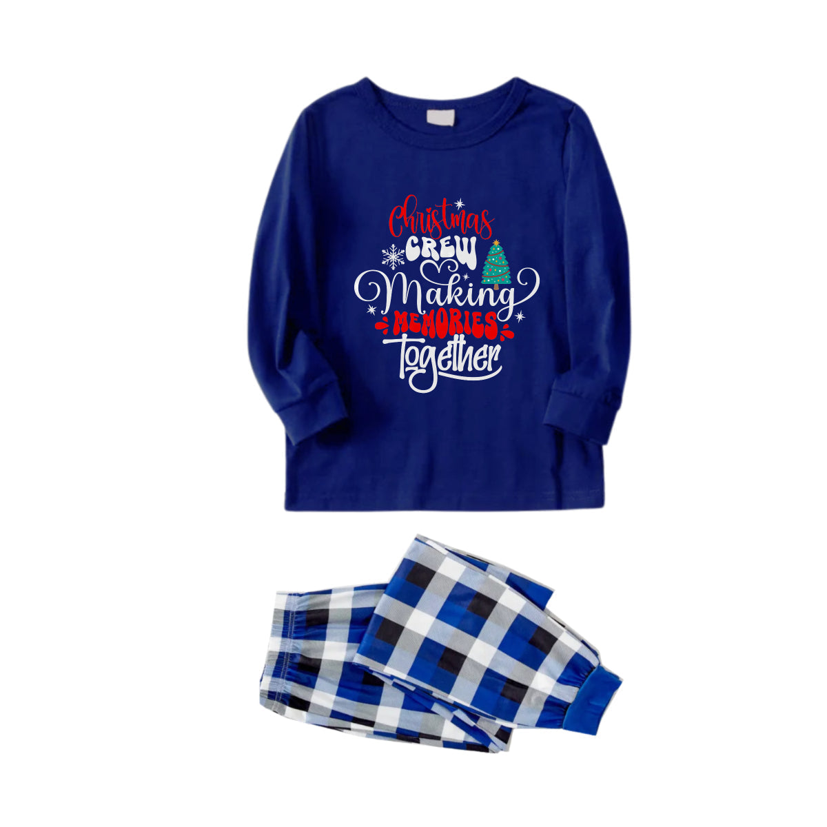 WW | Christmas Family Matching Pajamas - Navy & White Plaid PJs Set with "Christmas Crew Making Memories Together" Artistic Lettering Print