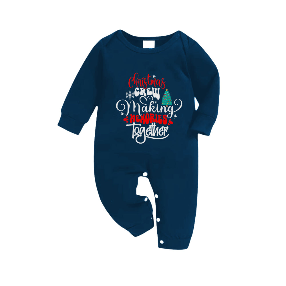 WW | Christmas Family Matching Pajamas - Navy & Light Blue Plaid PJs Set with "Christmas Crew Making Memories Together" Artistic Lettering Print