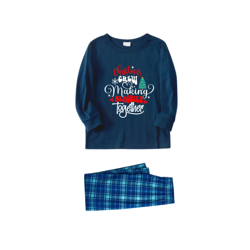 WW | Christmas Family Matching Pajamas - Navy & Light Blue Plaid PJs Set with "Christmas Crew Making Memories Together" Artistic Lettering Print