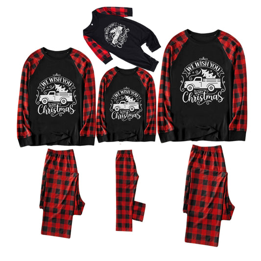 WW | Rote und schwarze Karierte Weihnachts-Pyjama-Set mit Weihnachtsbaum- und Auto-Print