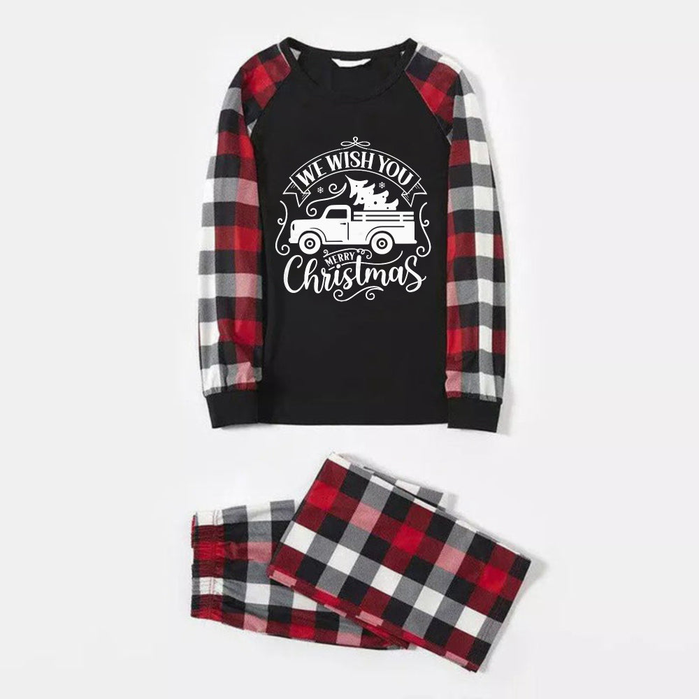 WW | Christmas Family Matching Pajamas - Red and Gray Plaid Pajamas with "We Wish You A Merry Christmas" Artistic Lettering