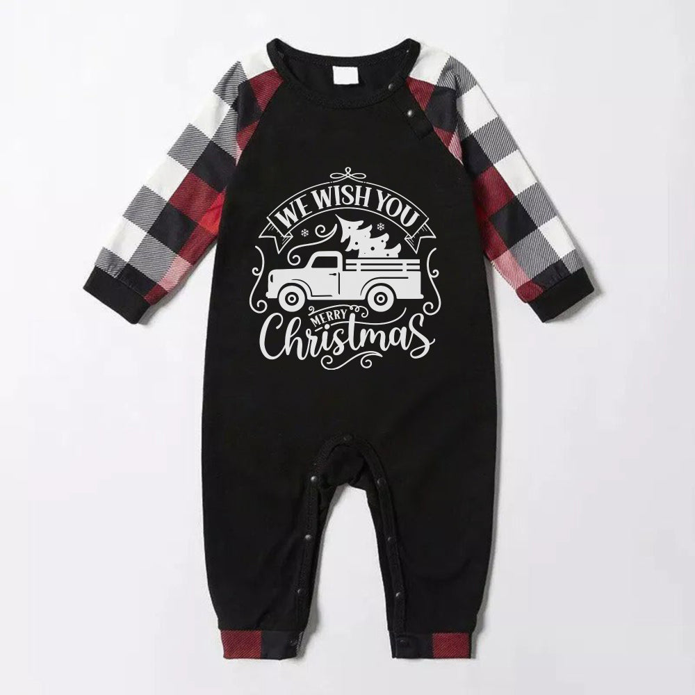 WW | Christmas Family Matching Pajamas - Red and Gray Plaid Pajamas with "We Wish You A Merry Christmas" Artistic Lettering
