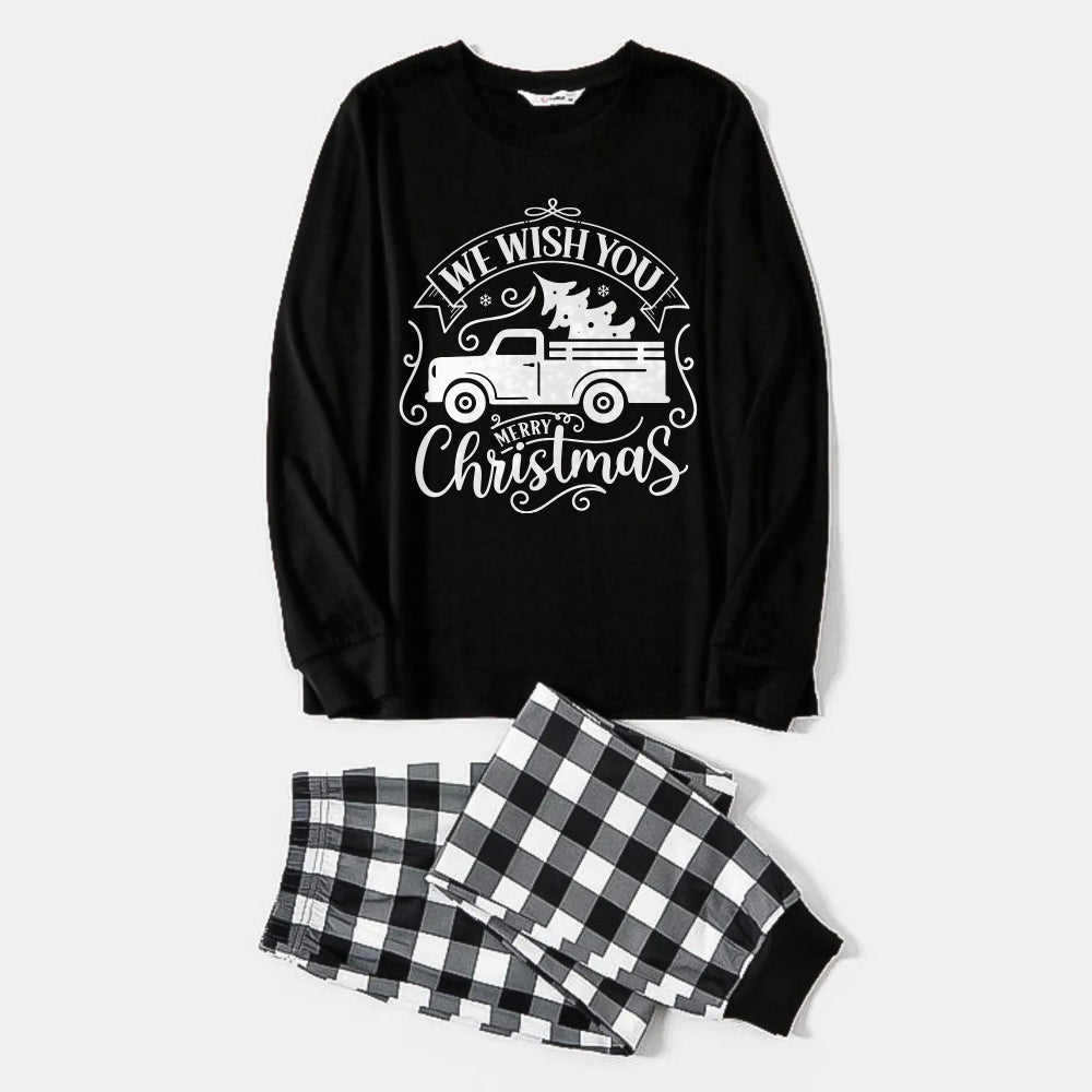 WW | Schwarz-weiß kariertes Weihnachts-Pyjama-Set mit Auto und "We Wish You A Merry Christmas" Textdruck