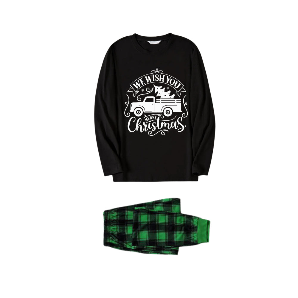 WW | Christmas Family Pajama Set - Black Top and Green Plaid Pants with "Merry Christmas" and Christmas Car Pattern Print