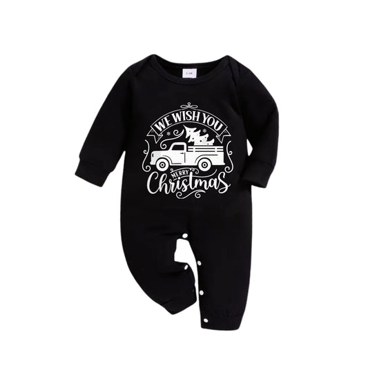 WW | Christmas Family Pajama Set - Black Top and Green Plaid Pants with "Merry Christmas" and Christmas Car Pattern Print