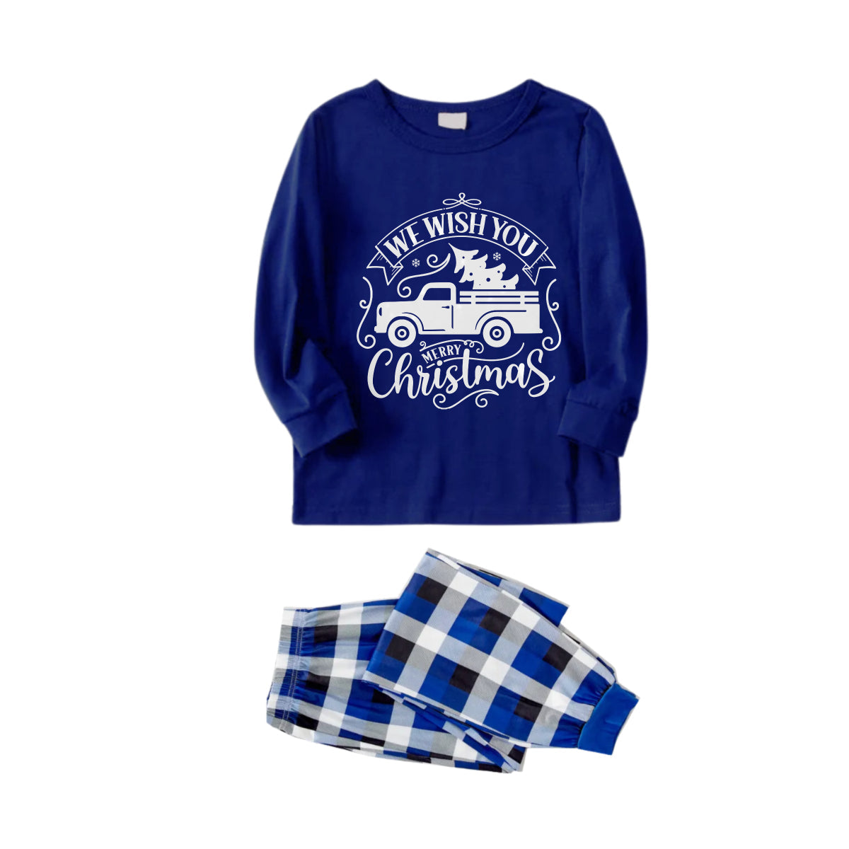 WW | Christmas Family Matching Pajamas - Navy & White Plaid PJs Set with Christmas Car and "We Wish You a Merry Christmas" Print