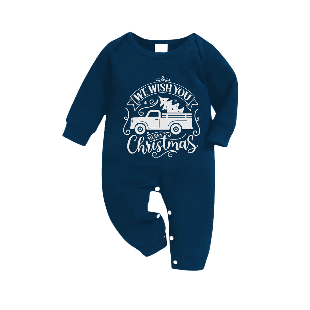 WW | Christmas Family Matching Pajamas - Navy & Sky Blue Plaid PJs Set with "We Wish You A Merry Christmas" and Christmas Car Pattern Print