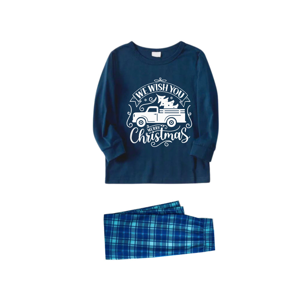 WW | Christmas Family Matching Pajamas - Navy & Sky Blue Plaid PJs Set with "We Wish You A Merry Christmas" and Christmas Car Pattern Print