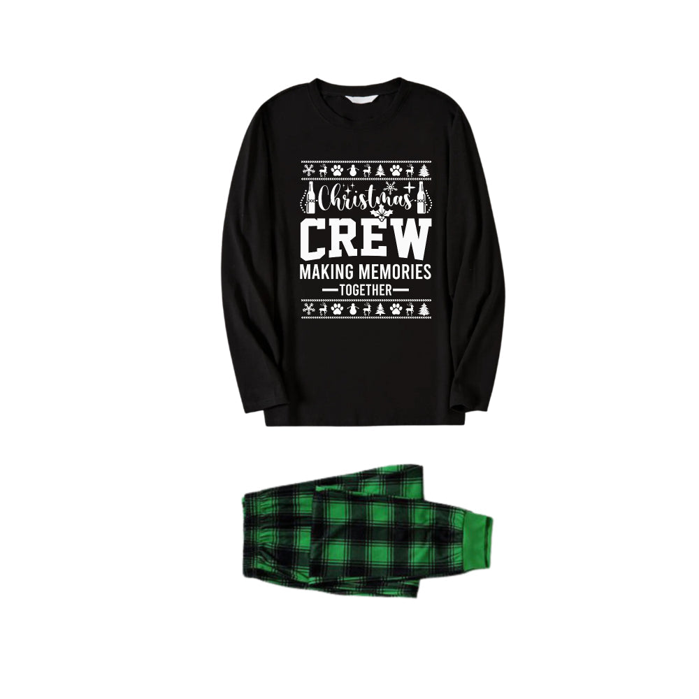 WW | Christmas Family Matching Pajamas - Black Top and Green Plaid Pants PJs Set with "Christmas Crew" and Christmas Pattern Print