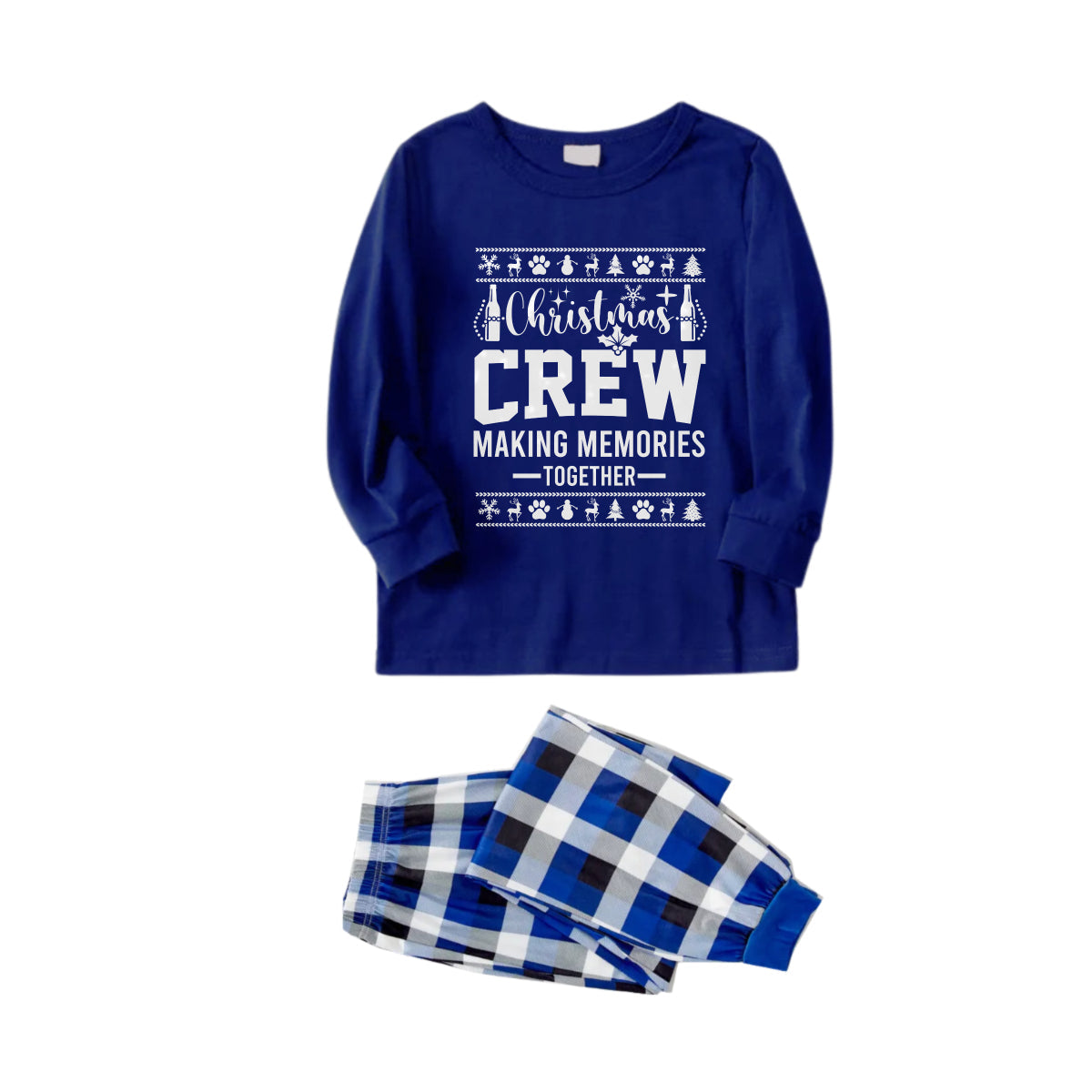 WW | Christmas Family Matching Pajamas - Navy & White Plaid PJs Set with "Christmas Crew Making Memories Together" and Christmas Pattern Print