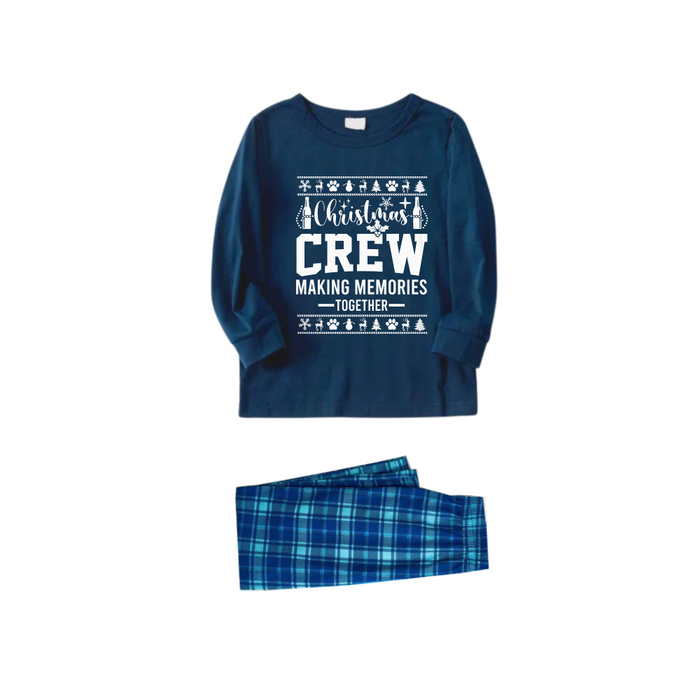 WW | Christmas Family Matching Pajamas - Navy & Sky Blue Plaid PJs Set with "Christmas Crew Making Memories Together" and Christmas Pattern Print