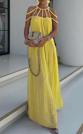 WW | Modern und Raffinierte Maxikleid mit Drapierten Zöpfen In Leinenmischung