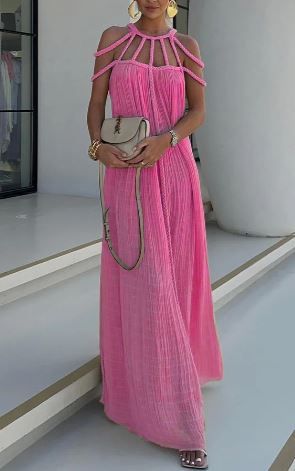 WW | Modern und Raffinierte Maxikleid mit Drapierten Zöpfen In Leinenmischung