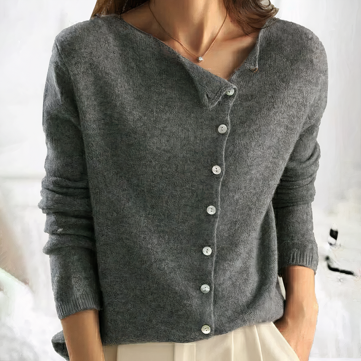 WW | Asymmetrical Button Placket Knit Sweater - Soft Long-Sleeve Design for Fall & Winter