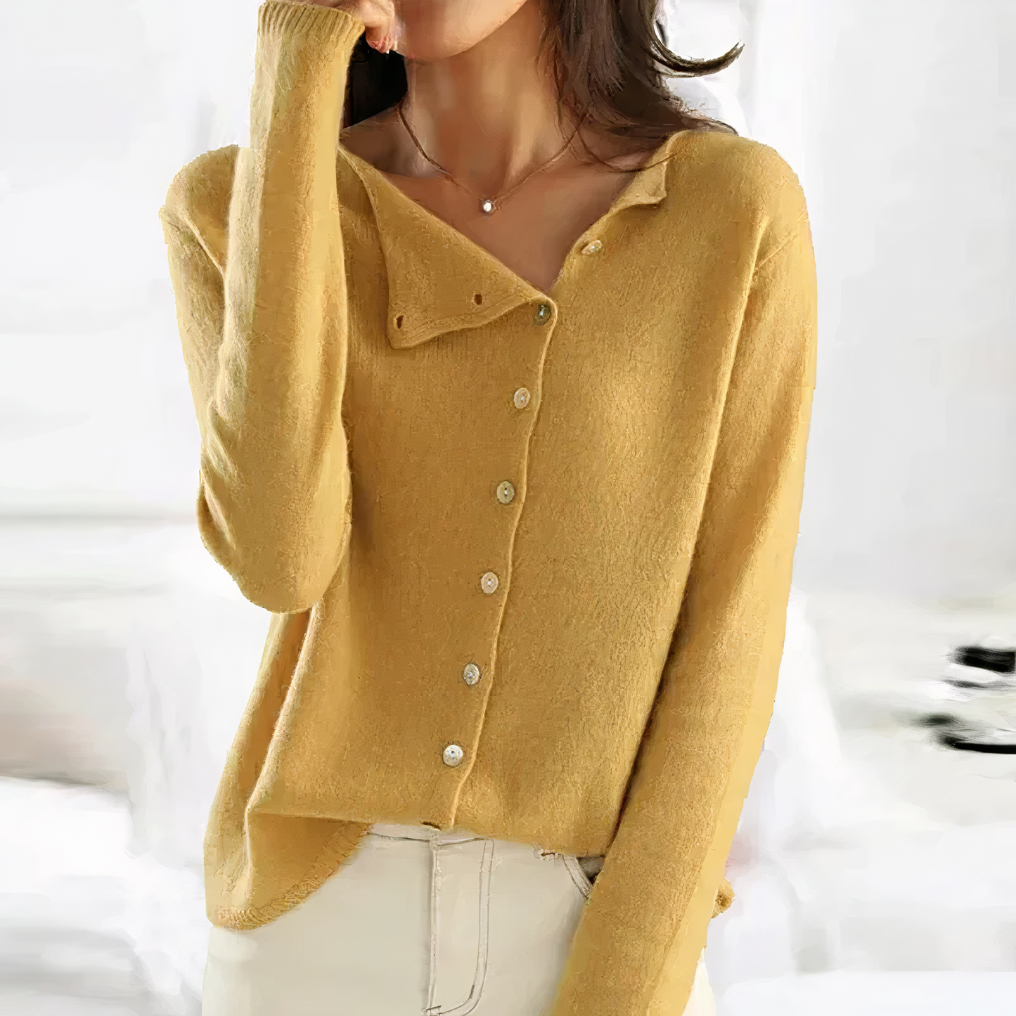 WW | Asymmetrical Button Placket Knit Sweater - Soft Long-Sleeve Design for Fall & Winter
