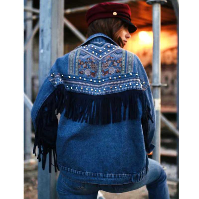 WW | Brooklynn Denim Jacket A unique jacket with floral print and fringe