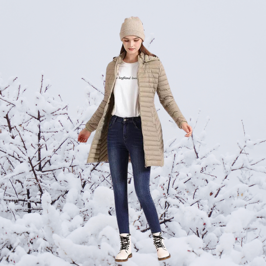 WW | Damen Lange Warme Gepolsterte Winterjacke mit Kapuze