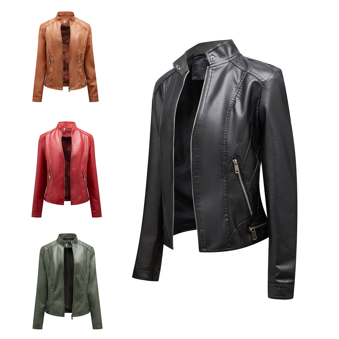 WW | Lederjacke Biker Stil Reißverschluss Stehkragen Slim Fit