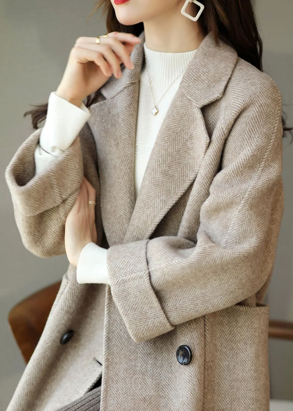 WW | Damen Wollmischung Trenchcoat mit doppelter Knopfleiste und Reverskragen