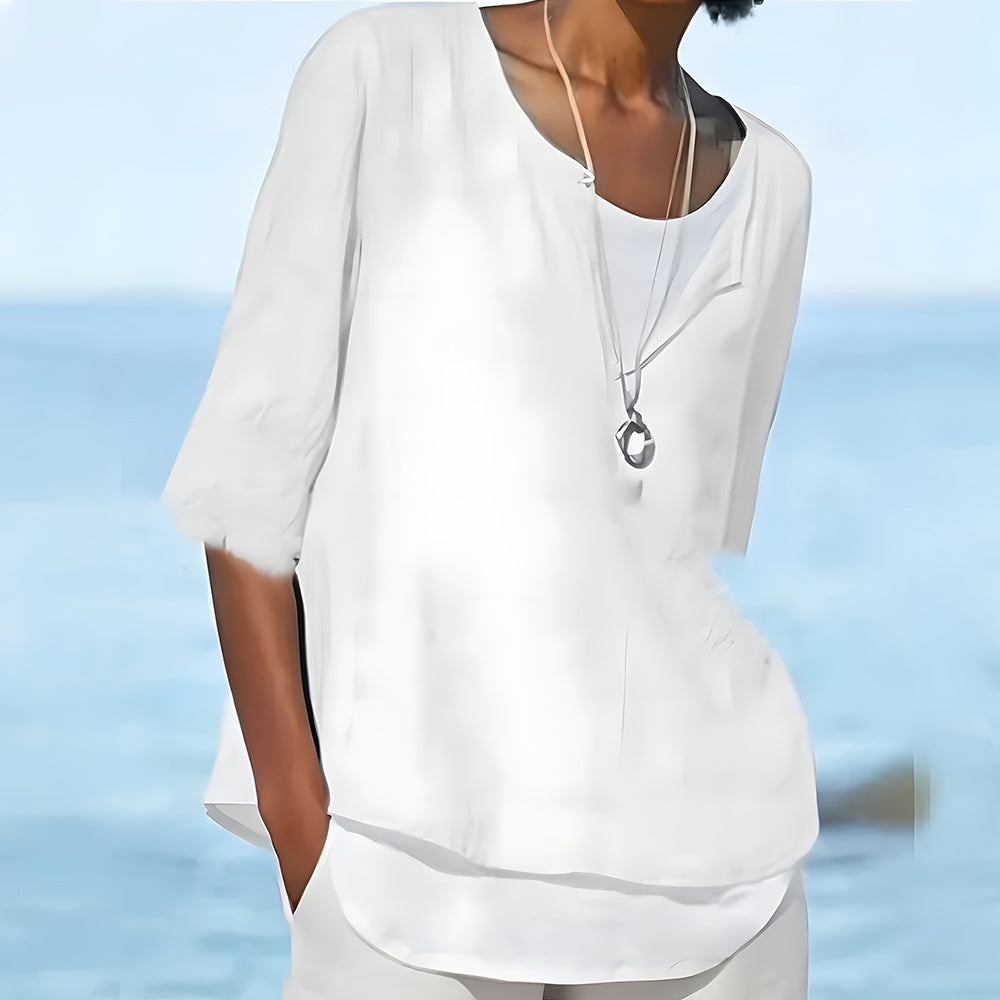 WW | Stilvolles, halbärmeliges Damenoberteil aus Baumwolle und Leinen