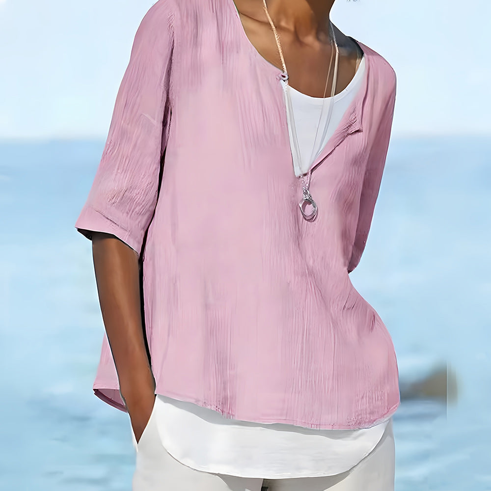 WW | Stilvolles, halbärmeliges Damenoberteil aus Baumwolle und Leinen