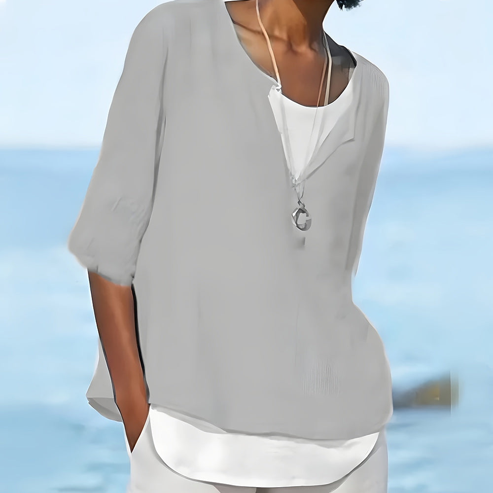 WW | Stilvolles, halbärmeliges Damenoberteil aus Baumwolle und Leinen