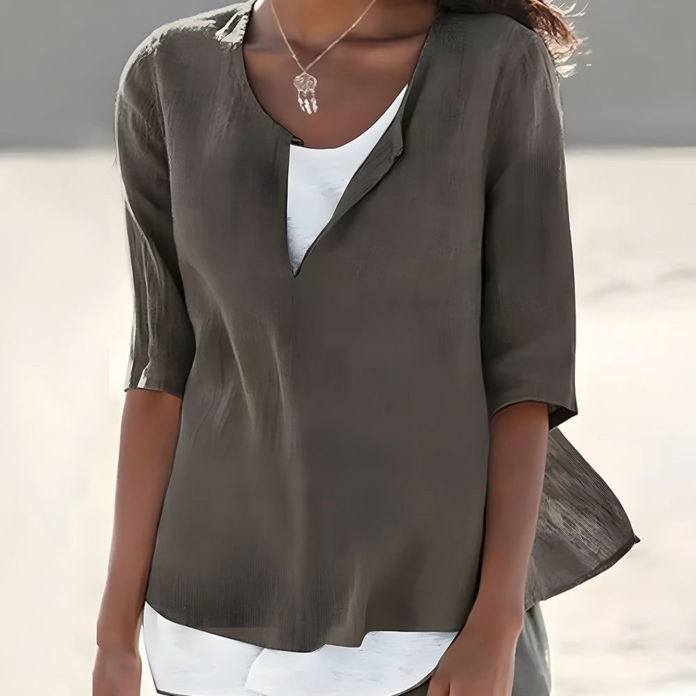 WW | Stilvolles, halbärmeliges Damenoberteil aus Baumwolle und Leinen